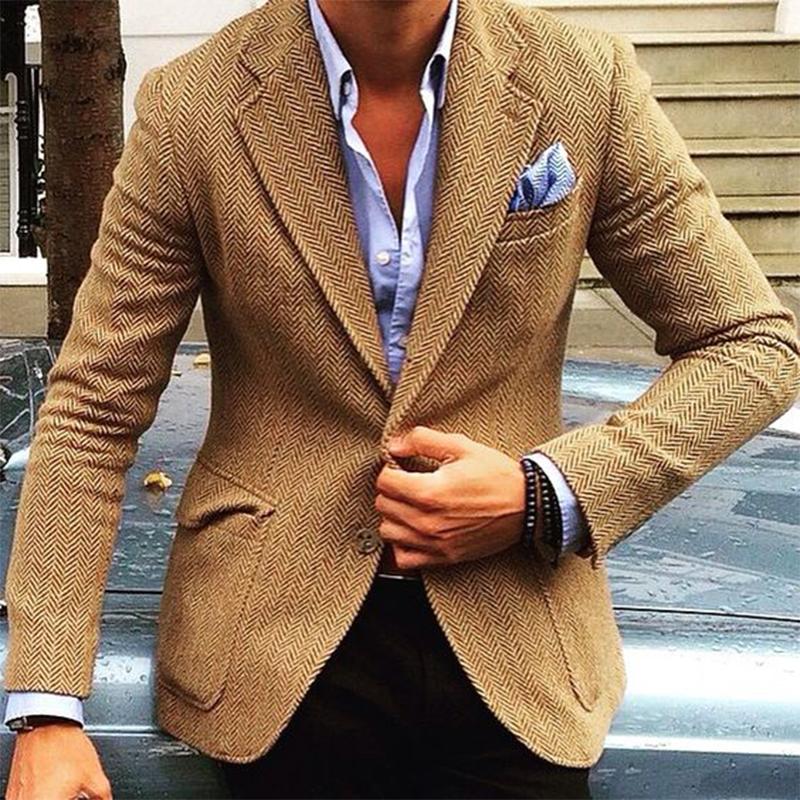Vintage Herringbone Wolmix Blazer voor Mannen - Tailored Fit met Enkele Knopen en Lapel Kraag 0