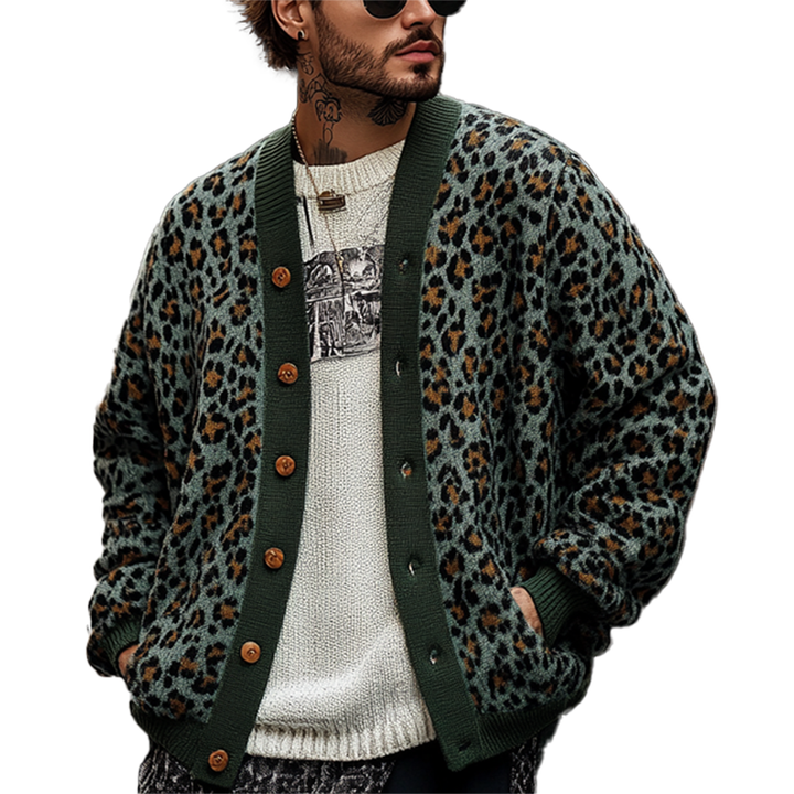 Vintage Leopard Jacquard Cardigan Heren met Kleurblokken - Relaxed Fit, Lange Mouwen, Zachte Stof