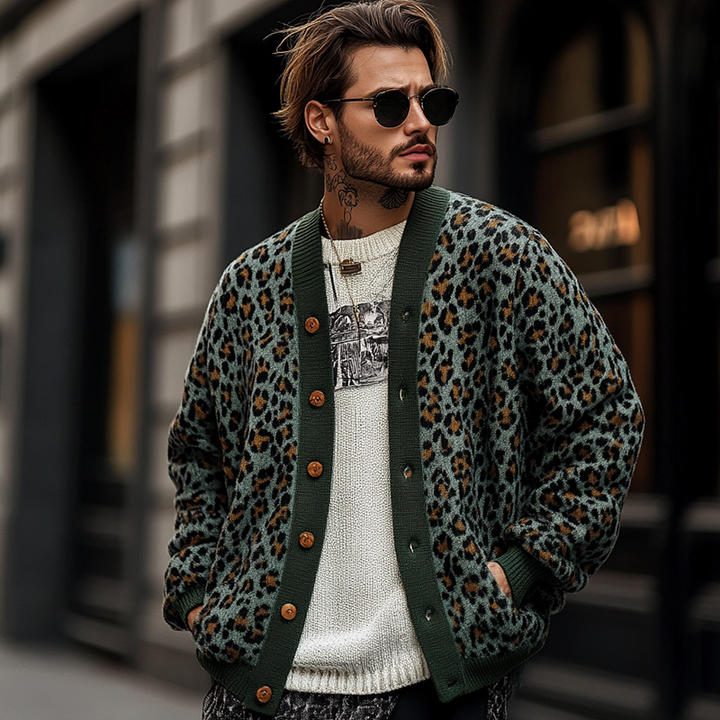 Vintage Leopard Jacquard Cardigan Heren met Kleurblokken - Relaxed Fit, Lange Mouwen, Zachte Stof
