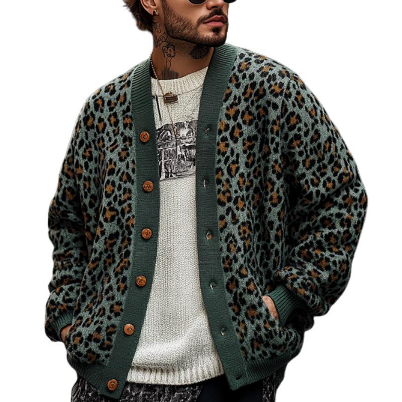 Vintage Leopard Jacquard Cardigan Heren met Kleurblokken - Relaxed Fit, Lange Mouwen, Zachte Stof