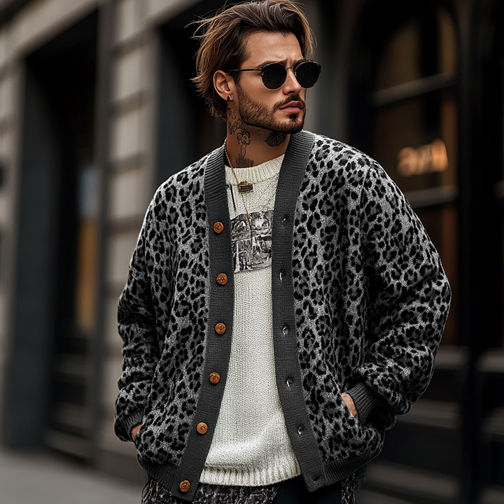 Vintage Leopard Jacquard Cardigan Heren met Kleurblokken - Relaxed Fit, Lange Mouwen, Zachte Stof