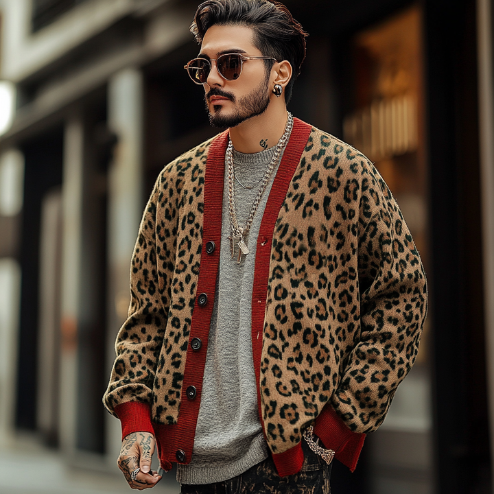 Vintage Leopard Jacquard Cardigan Heren met Kleurblokken - Relaxed Fit, Lange Mouwen, Zachte Stof