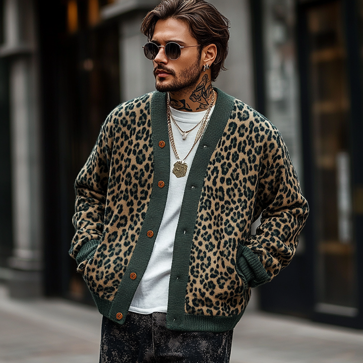 Vintage Leopard Jacquard Cardigan Heren met Kleurblokken - Relaxed Fit, Lange Mouwen, Zachte Stof