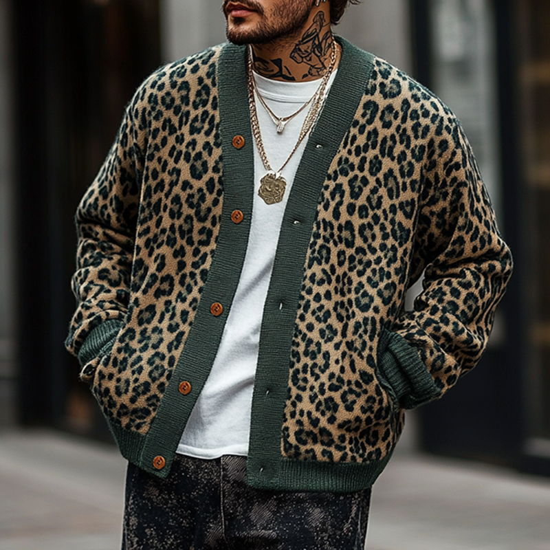 Vintage Leopard Jacquard Cardigan Heren met Kleurblokken - Relaxed Fit, Lange Mouwen, Zachte Stof