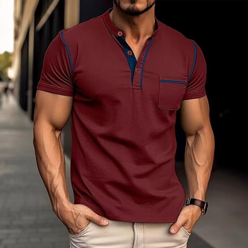 Jules | Heren T-shirt van katoen met Henley kraag, colorblock design en korte mouwen