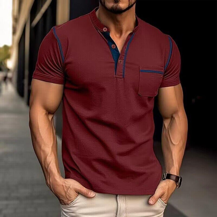 Jules | Heren T-shirt van katoen met Henley kraag, colorblock design en korte mouwen