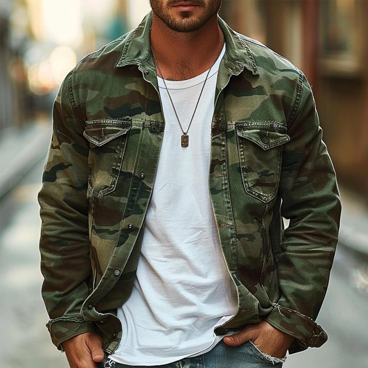 Finn | Heren canvas camouflage jas met reverskraag en retro look