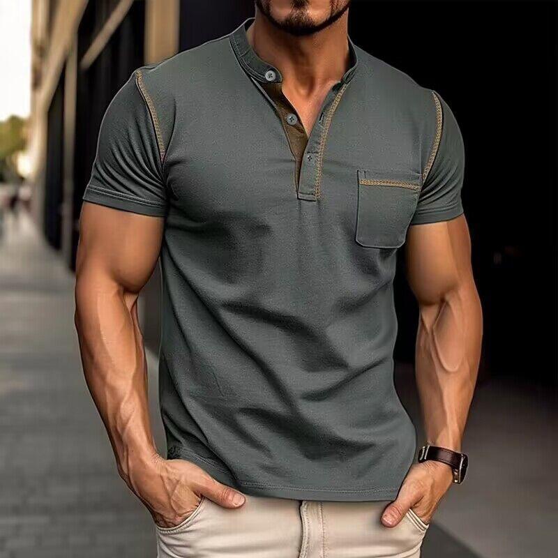 Jules | Heren T-shirt van katoen met Henley kraag, colorblock design en korte mouwen