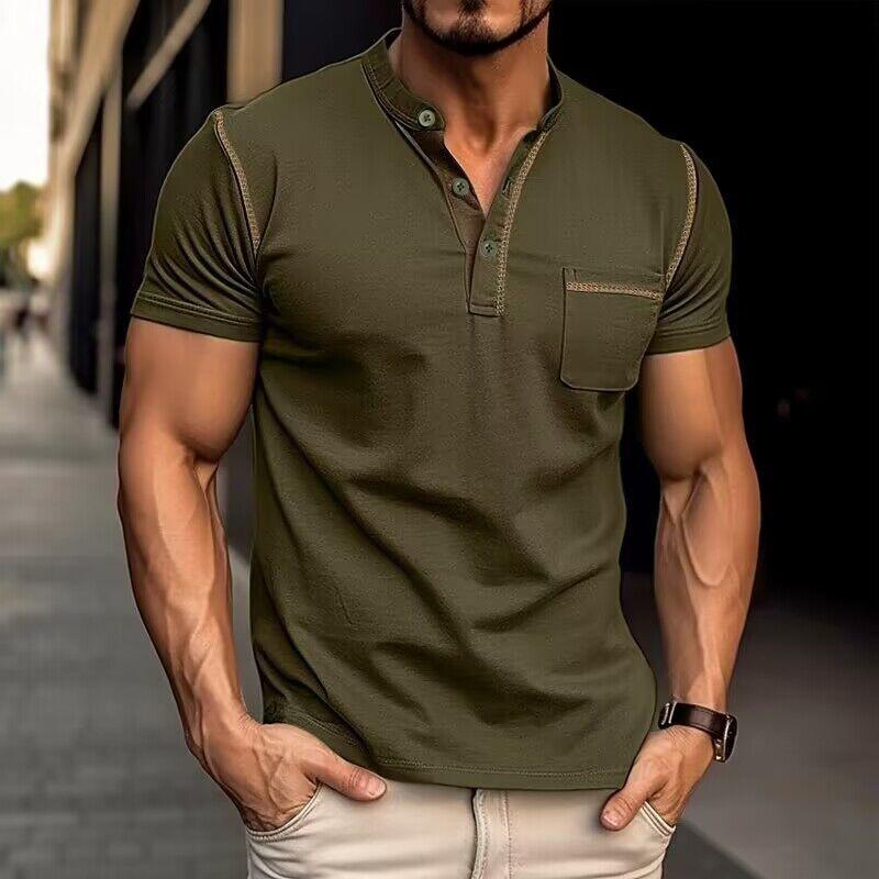 Jules | Heren T-shirt van katoen met Henley kraag, colorblock design en korte mouwen