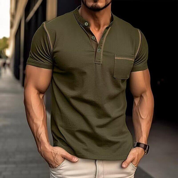 Jules | Heren T-shirt van katoen met Henley kraag, colorblock design en korte mouwen
