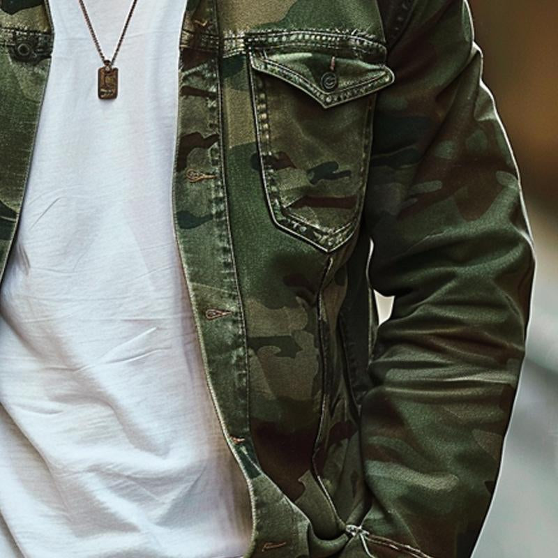 Finn | Heren canvas camouflage jas met reverskraag en retro look