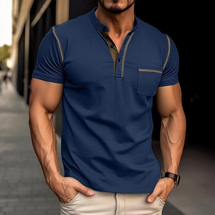 Jules | Heren T-shirt van katoen met Henley kraag, colorblock design en korte mouwen
