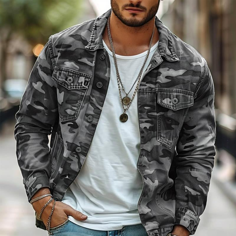 Finn | Heren canvas camouflage jas met reverskraag en retro look