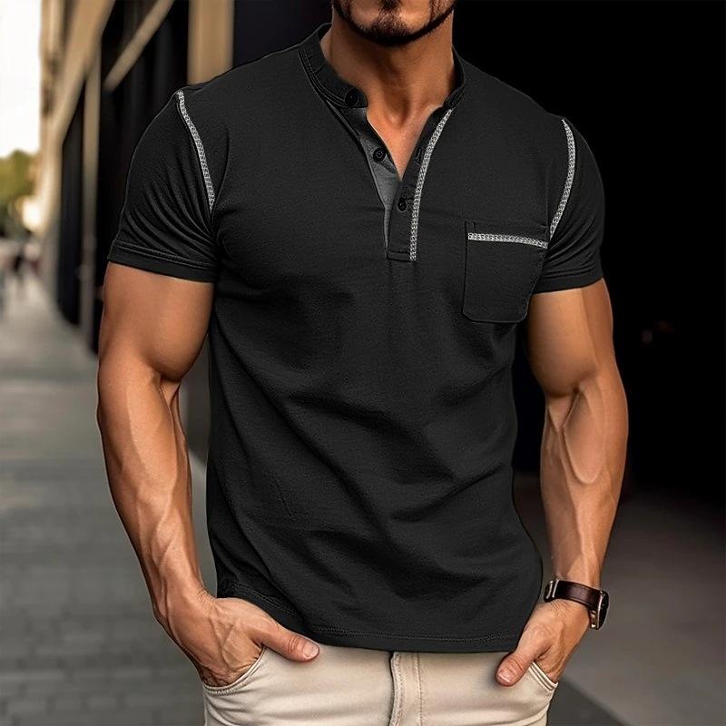 Jules | Heren T-shirt van katoen met Henley kraag, colorblock design en korte mouwen