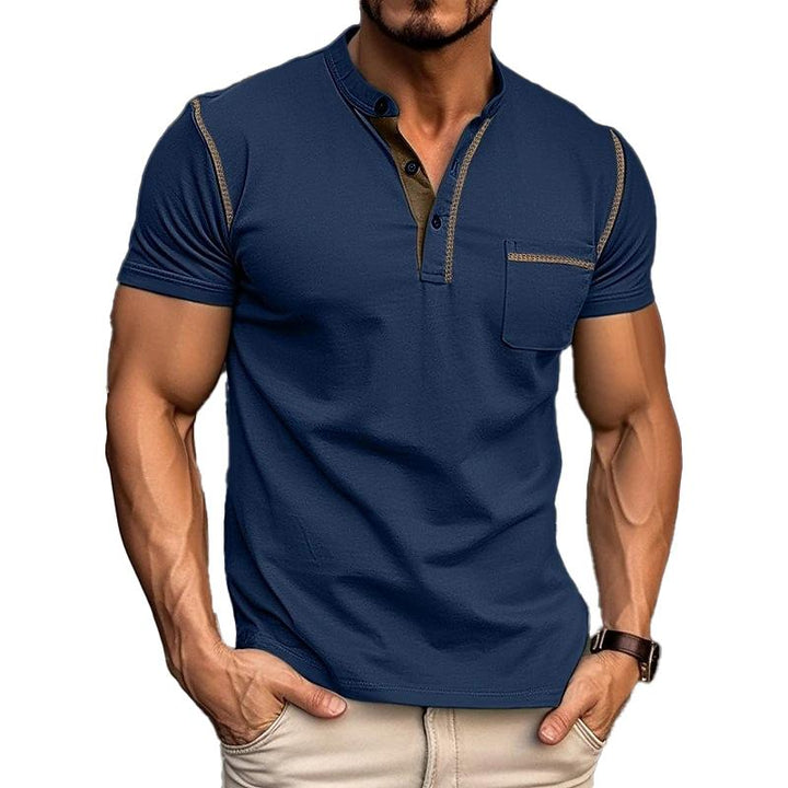 Jules | Heren T-shirt van katoen met Henley kraag, colorblock design en korte mouwen