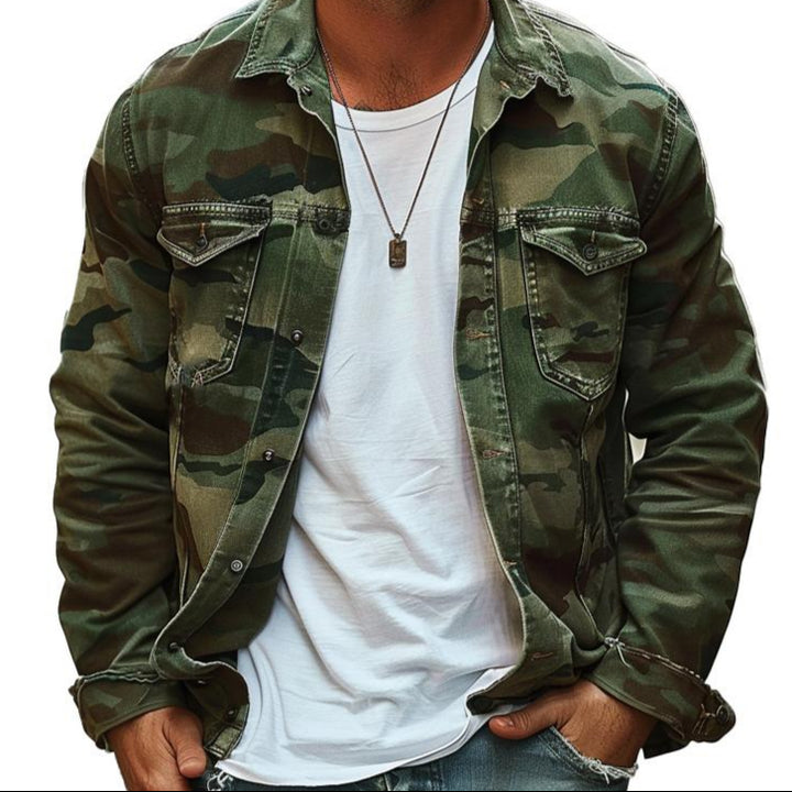 Finn | Heren canvas camouflage jas met reverskraag en retro look