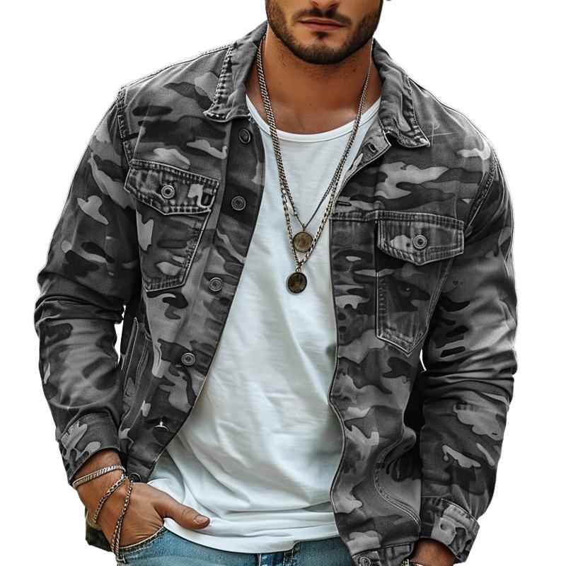 Finn | Heren canvas camouflage jas met reverskraag en retro look